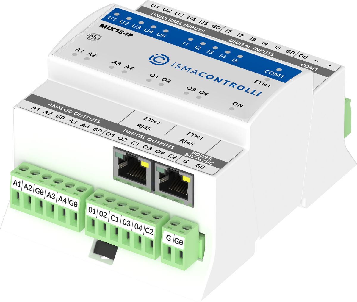 iSMA-B-MIX18-IP 5 digital inputs, 5 universal inputs, 4 analogue outputs and 4 digital outputs Ethernet IP I/O module
