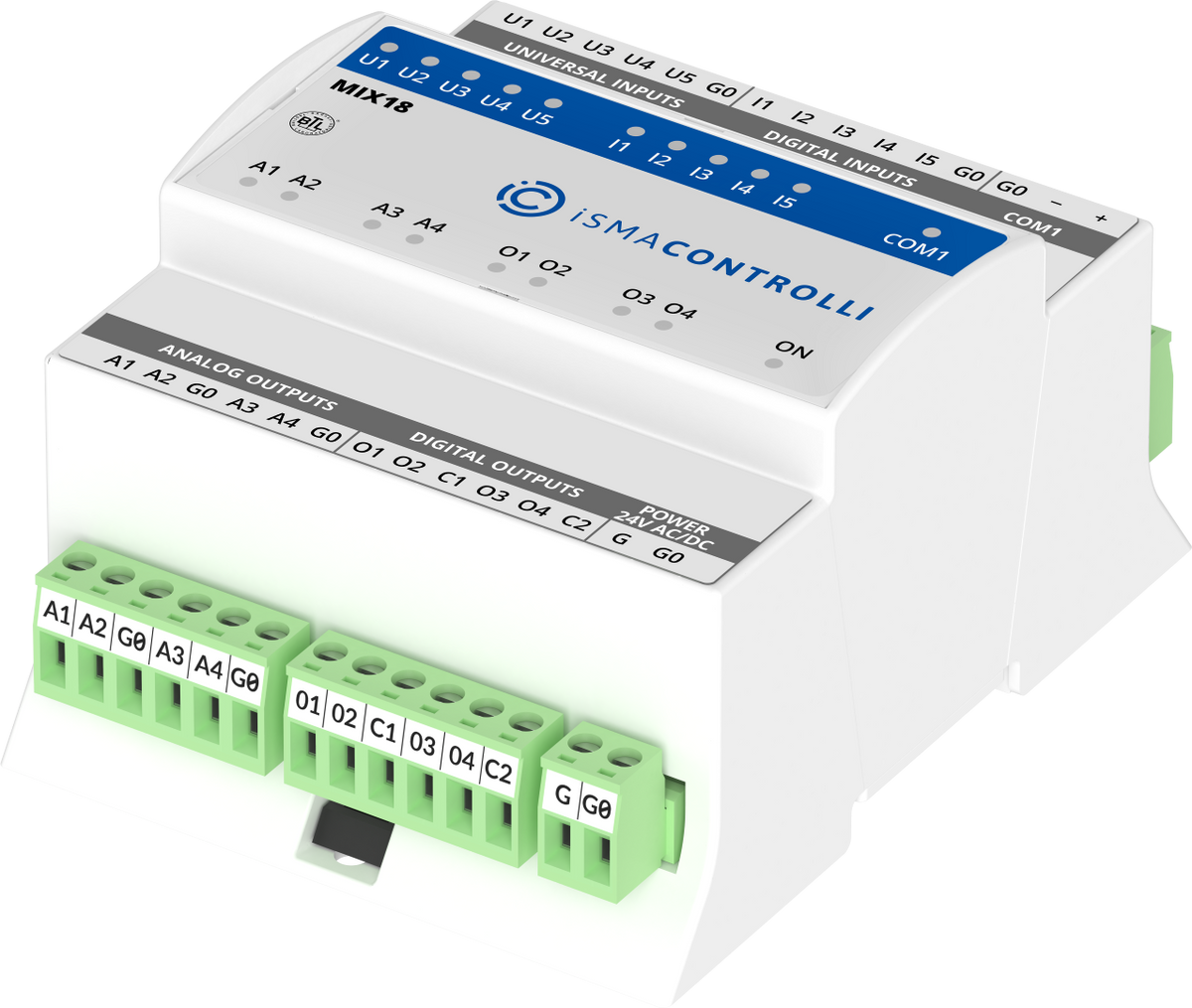 iSMA-B-MIX18 5 digital inputs, 5 universal inputs, 4 analogue outputs and 4 digital outputs RS485 serial I/O module