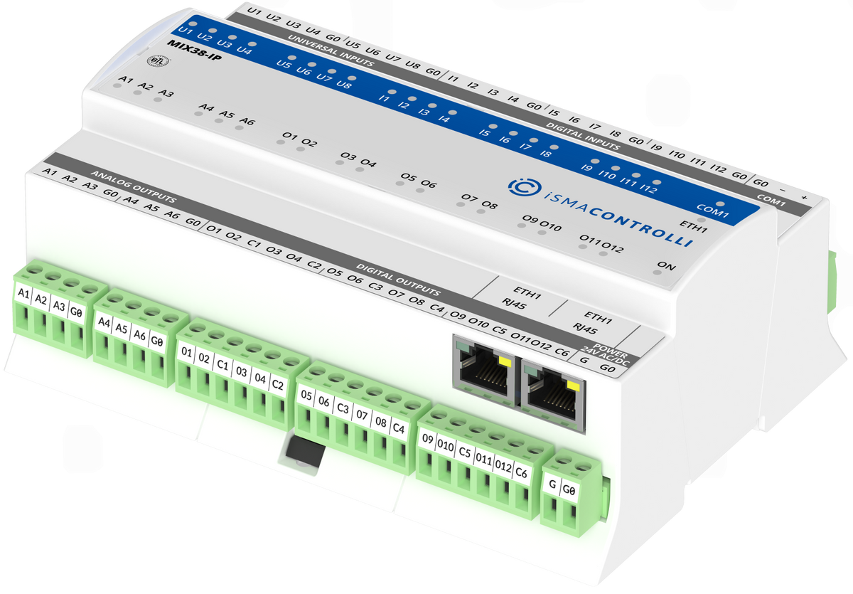 iSMA-B-MIX38-IP 12 digital inputs, 8 universal inputs, 6 analogue outputs and 12 digital outputs Ethernet IP I/O module