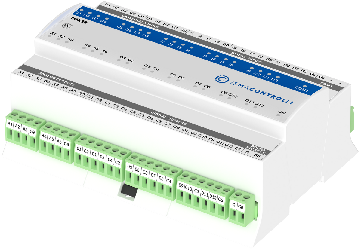 iSMA-B-MIX38 12 digital inputs, 8 universal inputs, 6 analogue outputs and 12 digital outputs RS485 serial I/O module